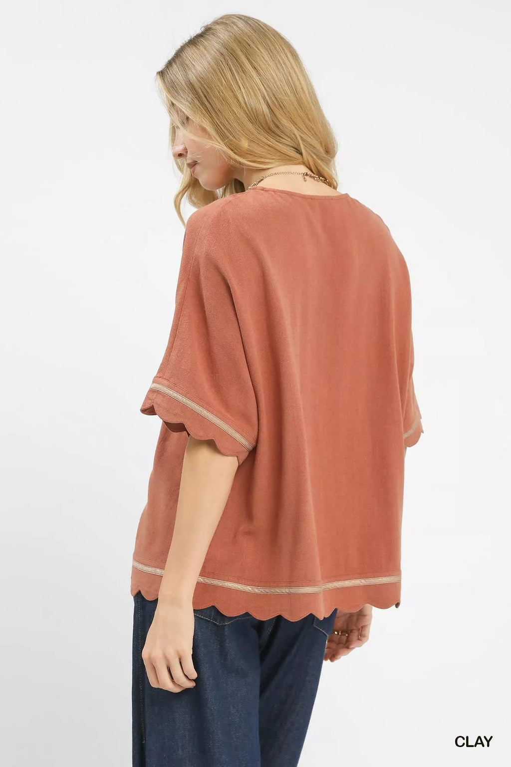 Umgee Linen Blend Scallop Trim Top - ELC Fashion