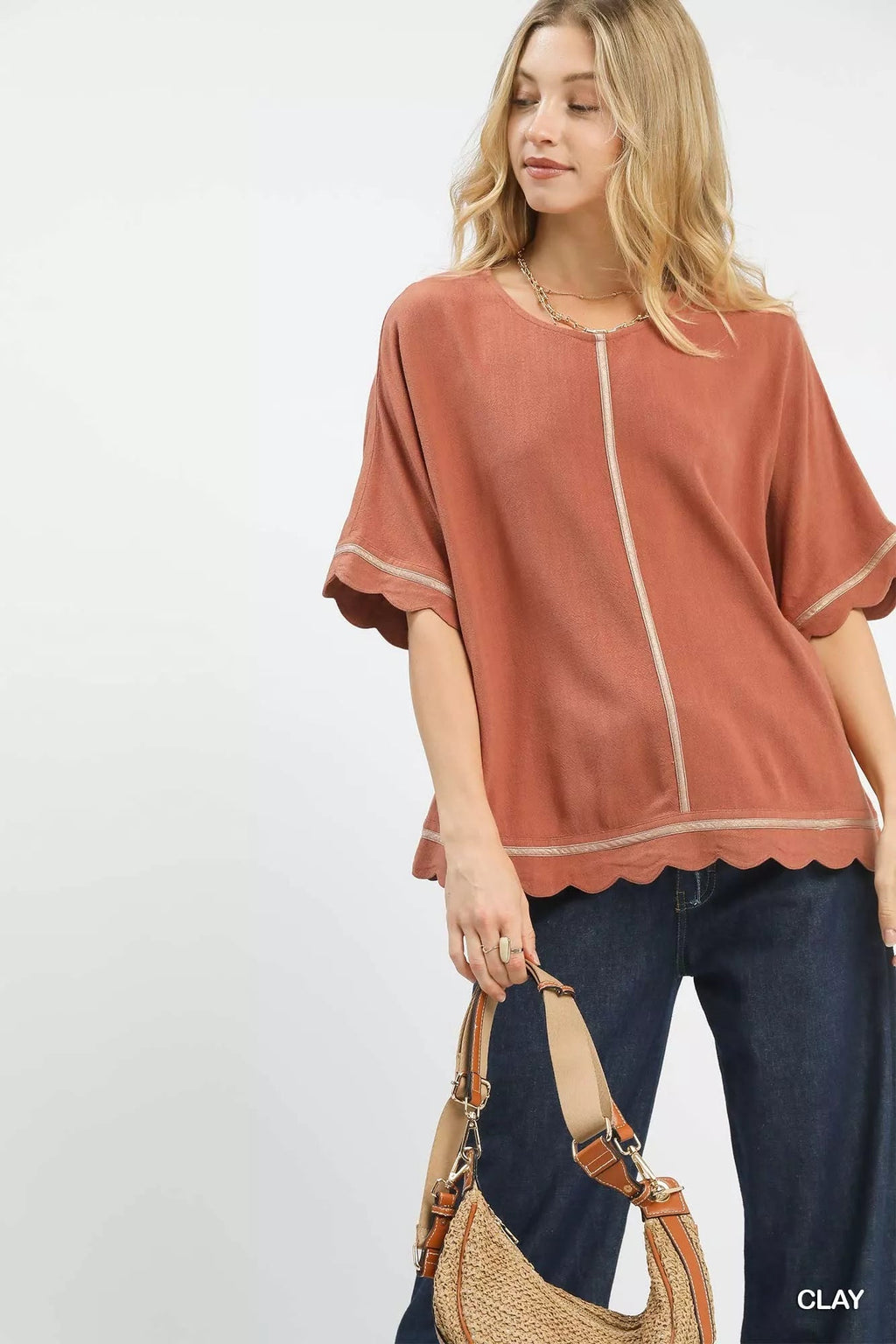 Umgee Linen Blend Scallop Trim Top - ELC Fashion