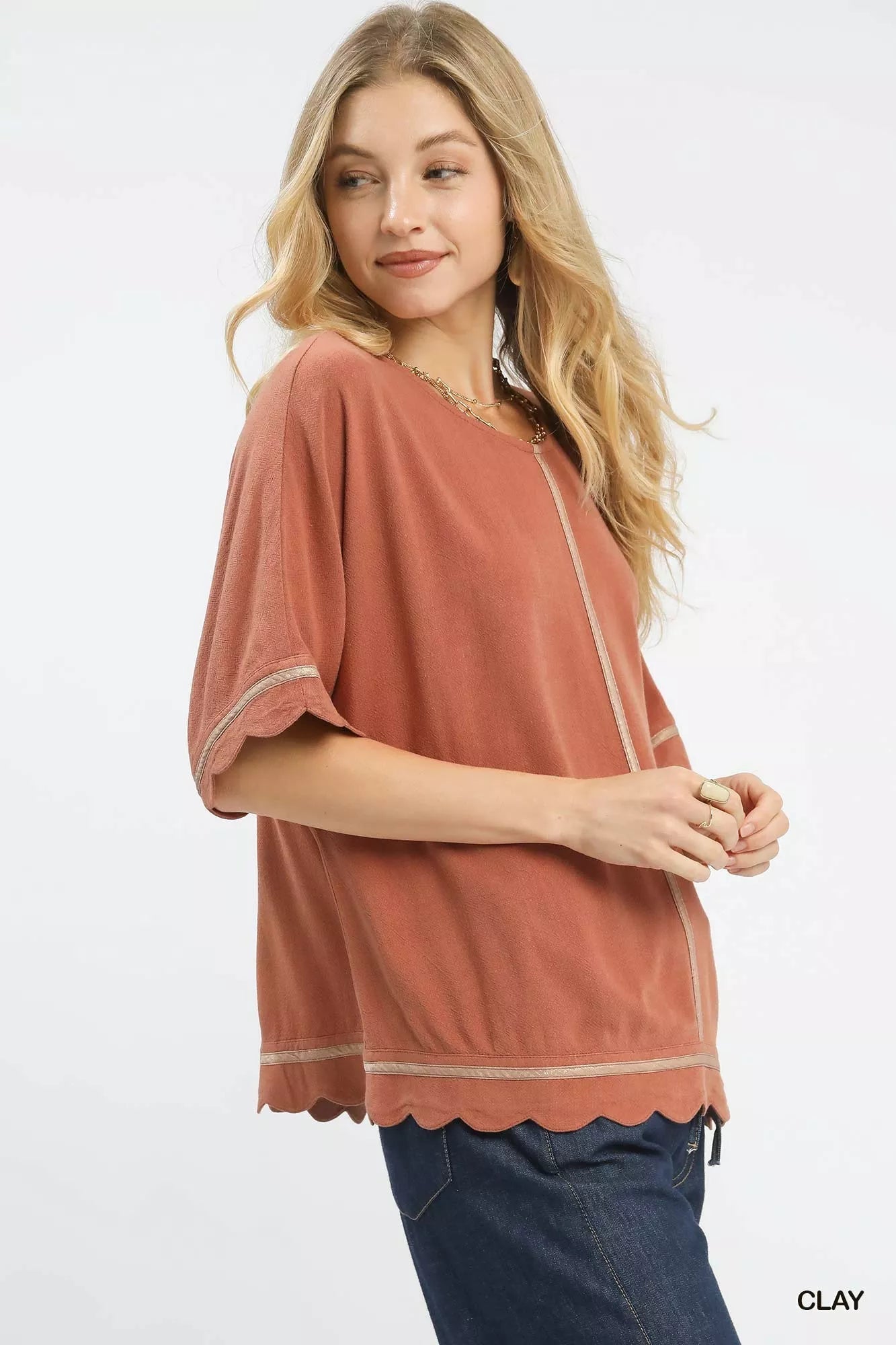 Umgee Linen Blend Scallop Trim Top - ELC Fashion
