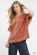Umgee Linen Blend Scallop Trim Top - ELC Fashion
