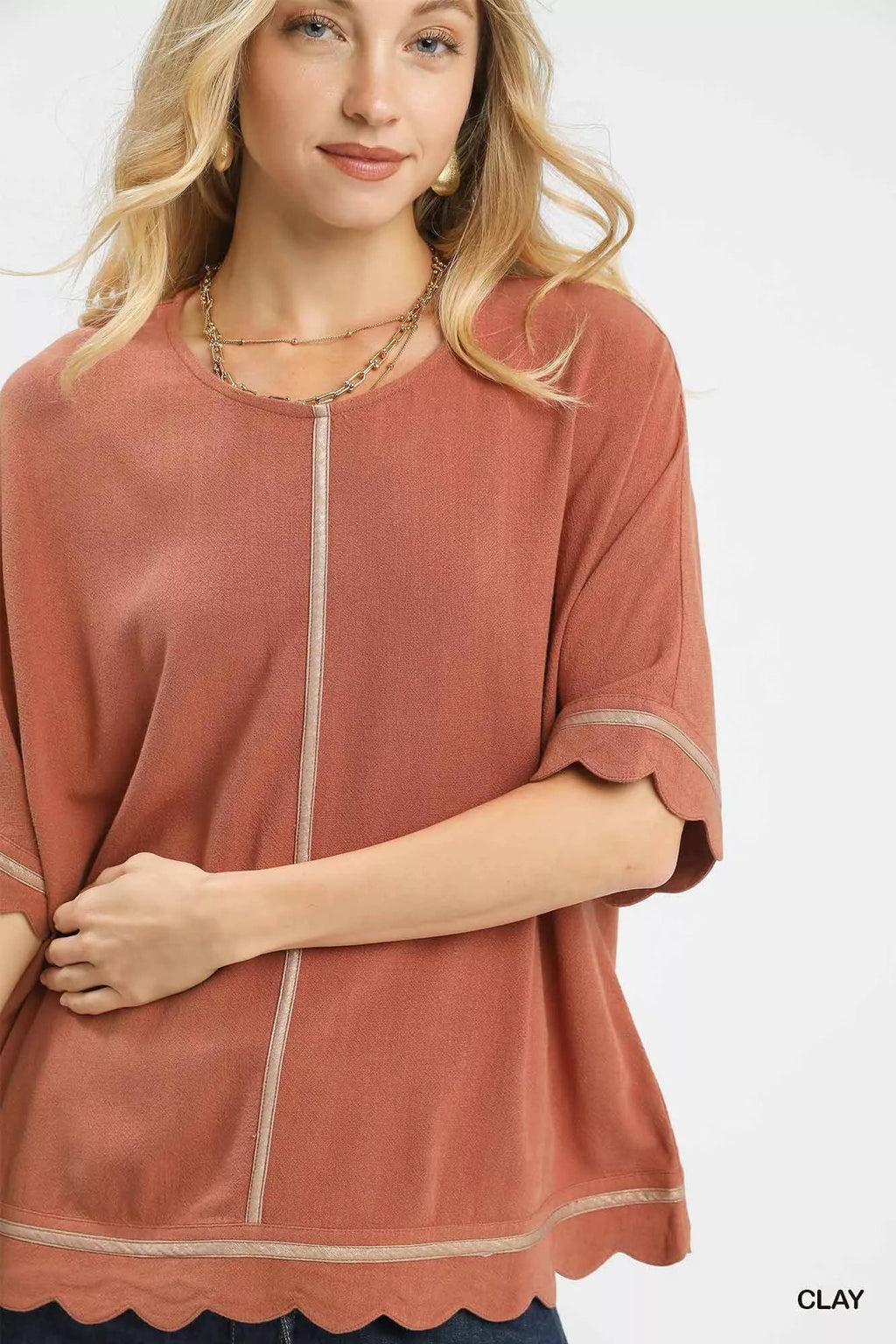Umgee Linen Blend Scallop Trim Top - ELC Fashion