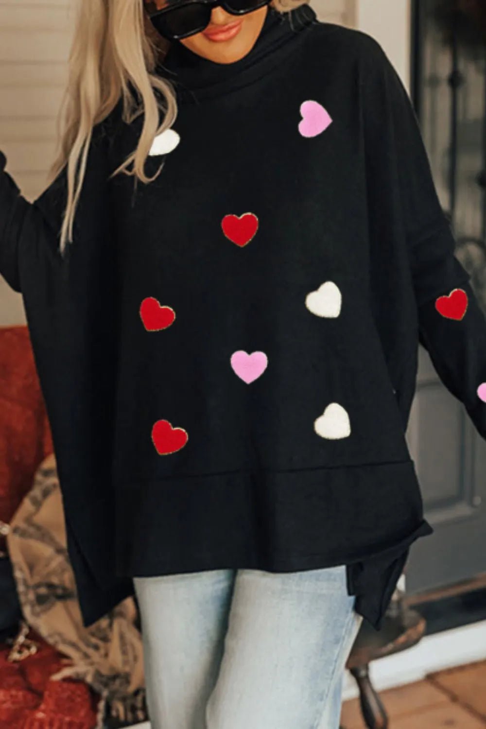 Valentine’s Day Heart Patched Turtleneck Long Sleeve Top - ELC Fashion