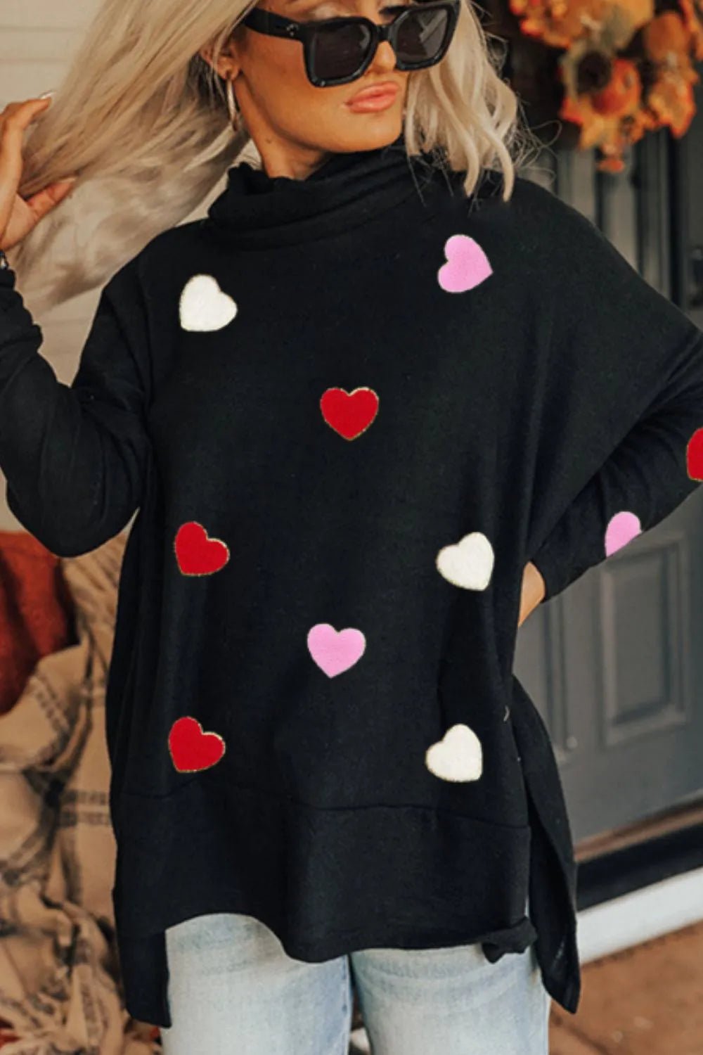 Valentine’s Day Heart Patched Turtleneck Long Sleeve Top - ELC Fashion
