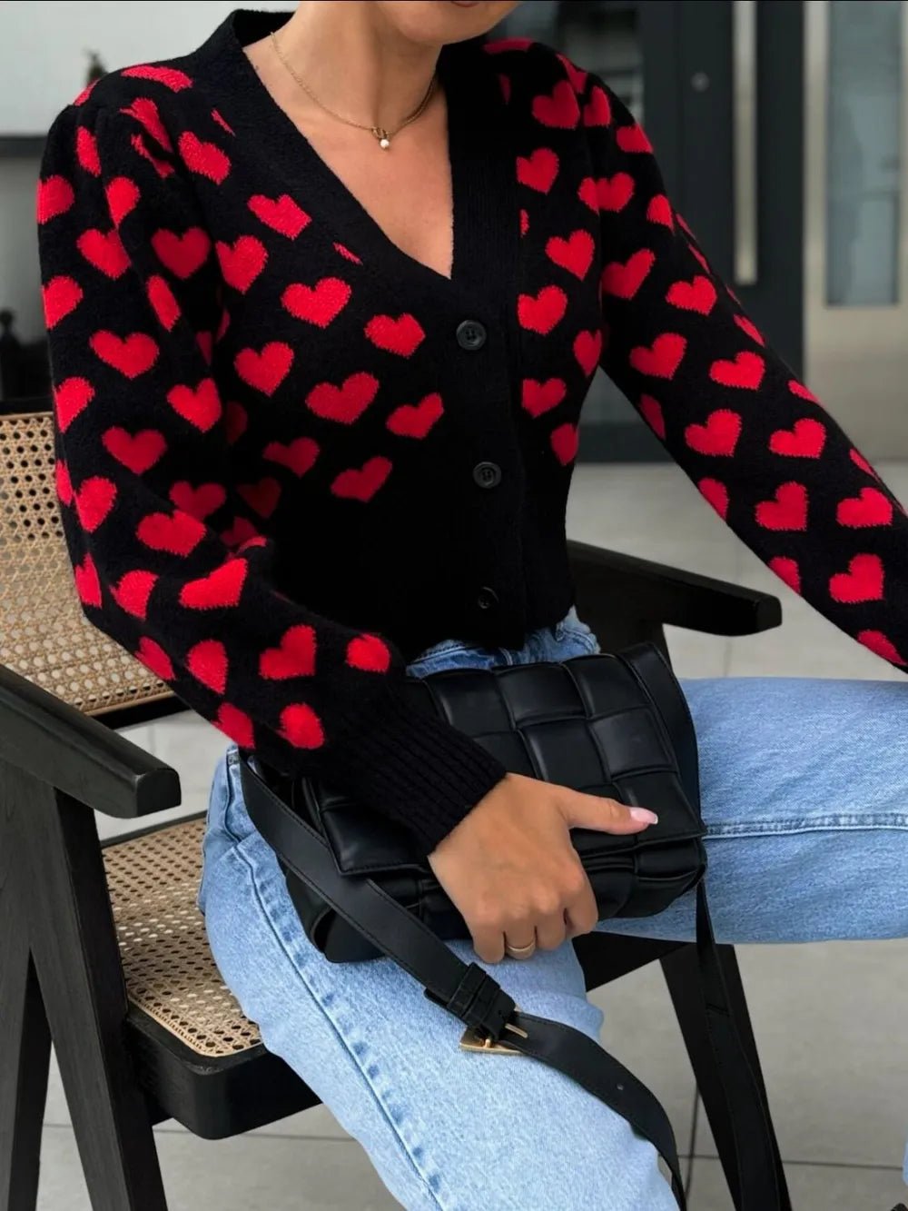 Valentine’s Day Heart V - Neck Cropped Cardigan - ELC Fashion