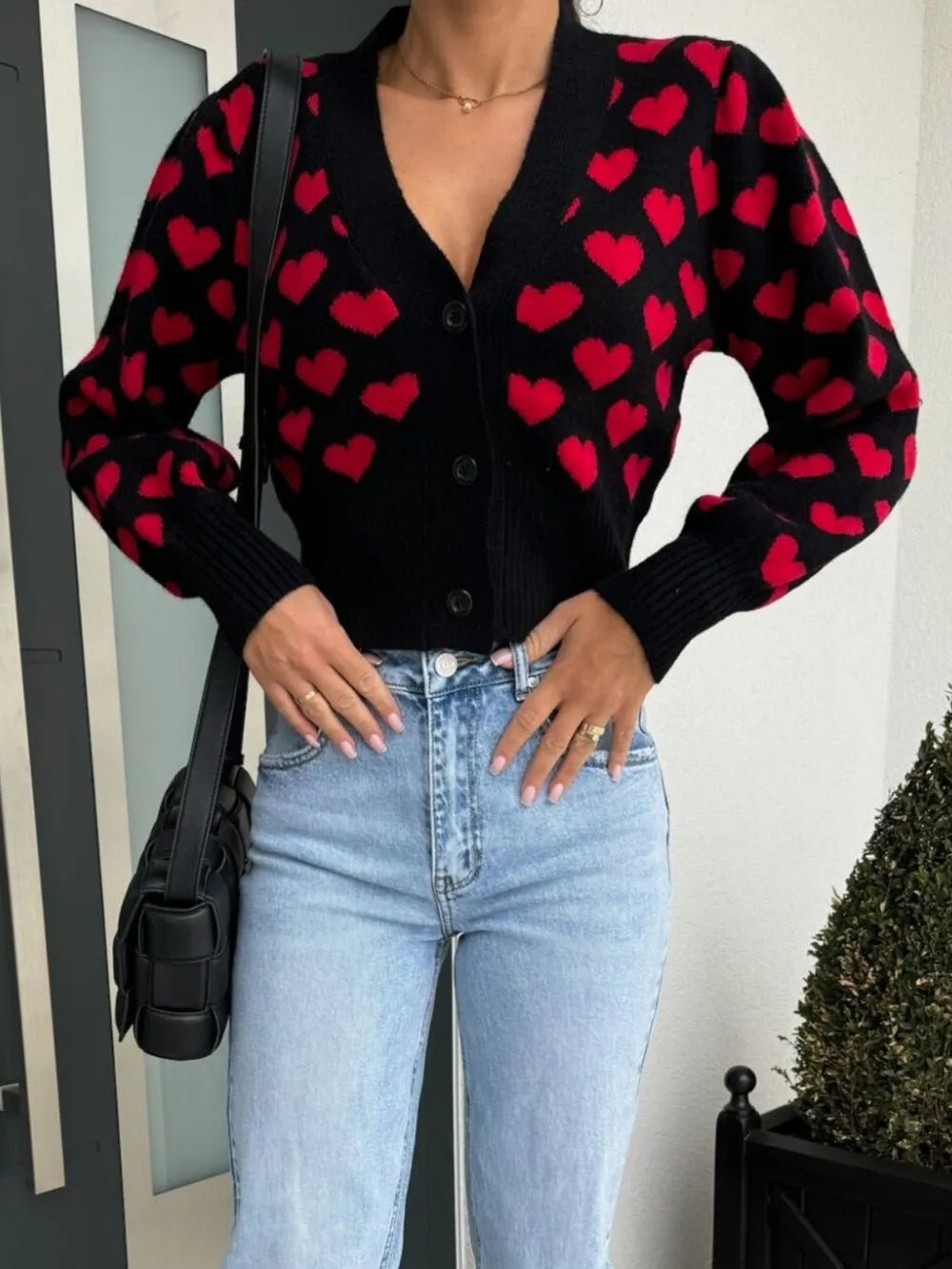 Valentine’s Day Heart V - Neck Cropped Cardigan - ELC Fashion