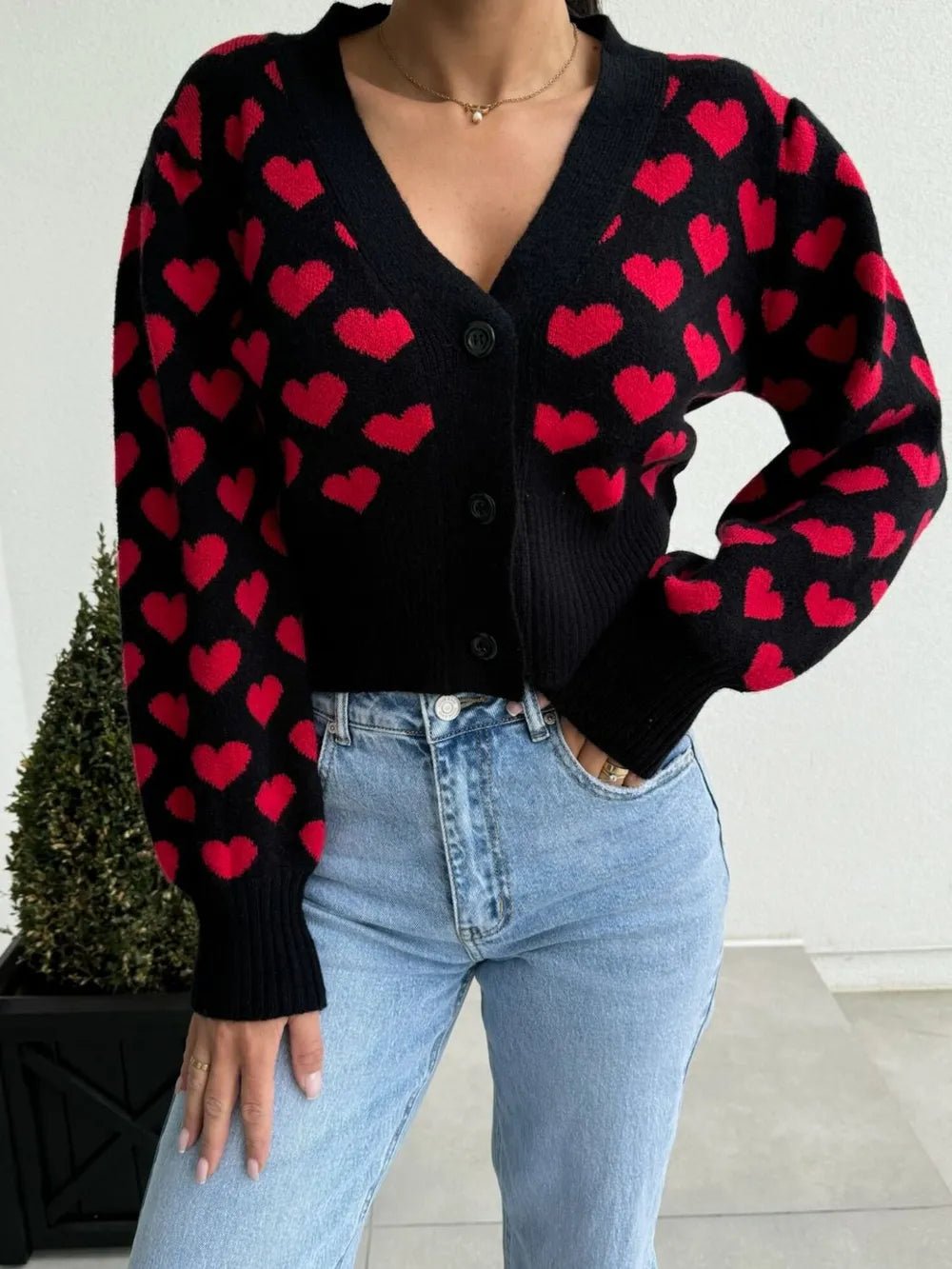 Valentine’s Day Heart V - Neck Cropped Cardigan - ELC Fashion