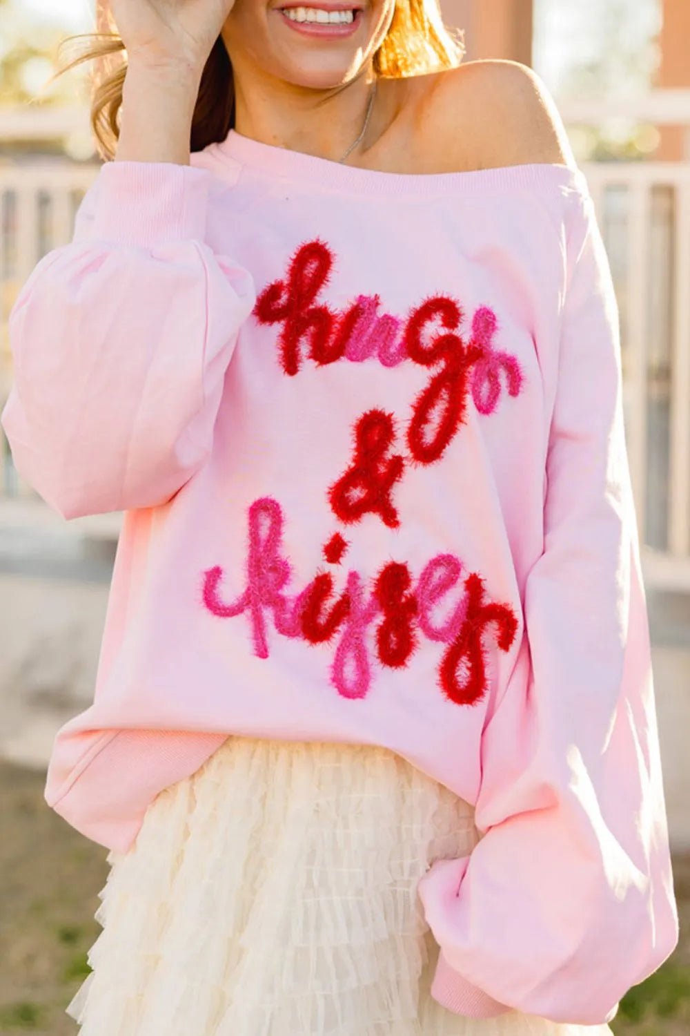 Valentine’s Day HUG AND KISSES Round Neck Sweatshirt - ELC Fashion
