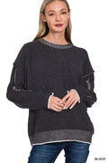 Zenana Exposed Seam Round Neck Two - Tone Sweater - ELC Fashion