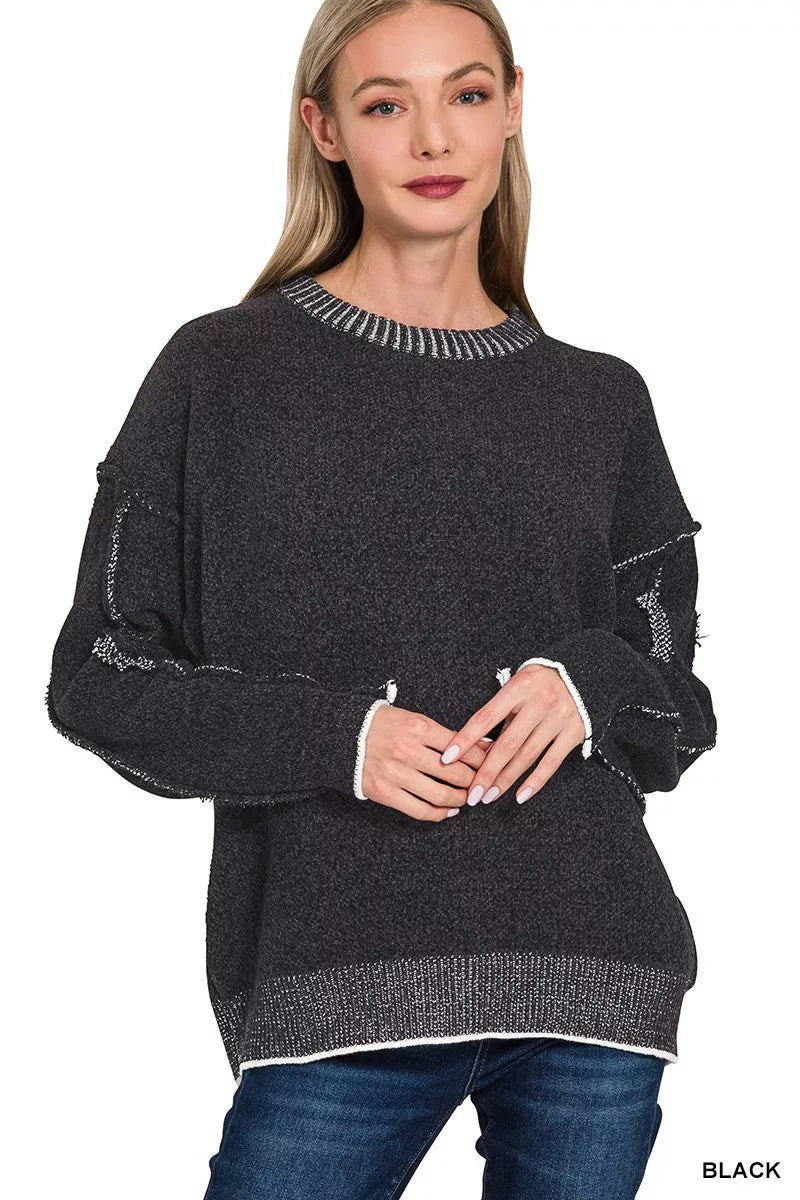 Zenana Exposed Seam Round Neck Two - Tone Sweater - ELC Fashion