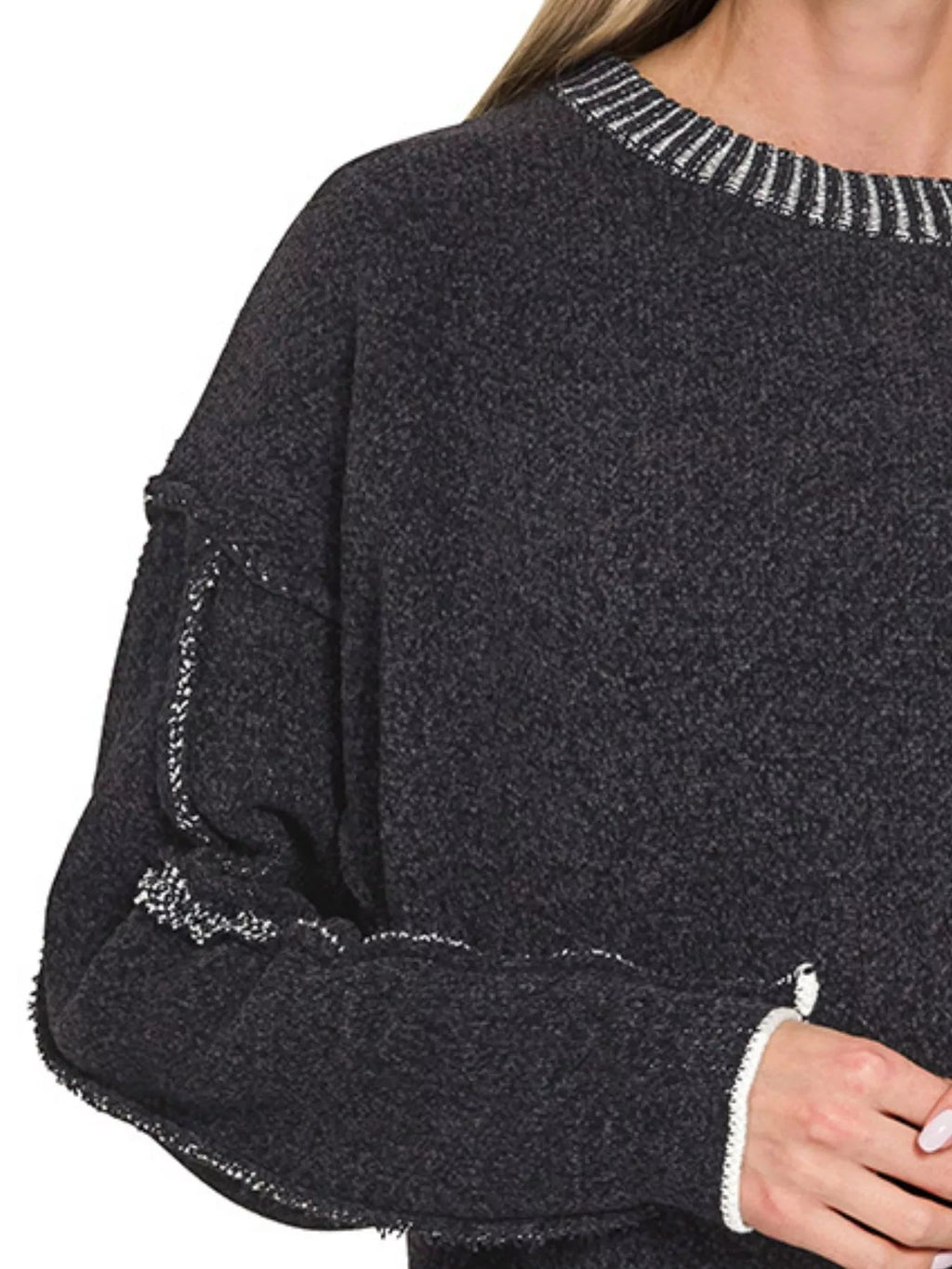 Zenana Exposed Seam Round Neck Two - Tone Sweater - ELC Fashion