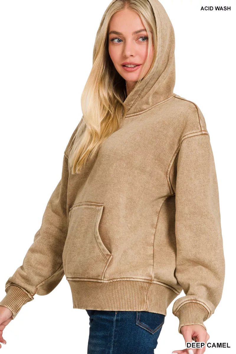 Zenana Fleece Acid Wash Kangaroo Pocket Hoodie - ELC Fashion