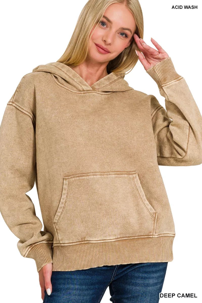 Zenana Fleece Acid Wash Kangaroo Pocket Hoodie - ELC Fashion