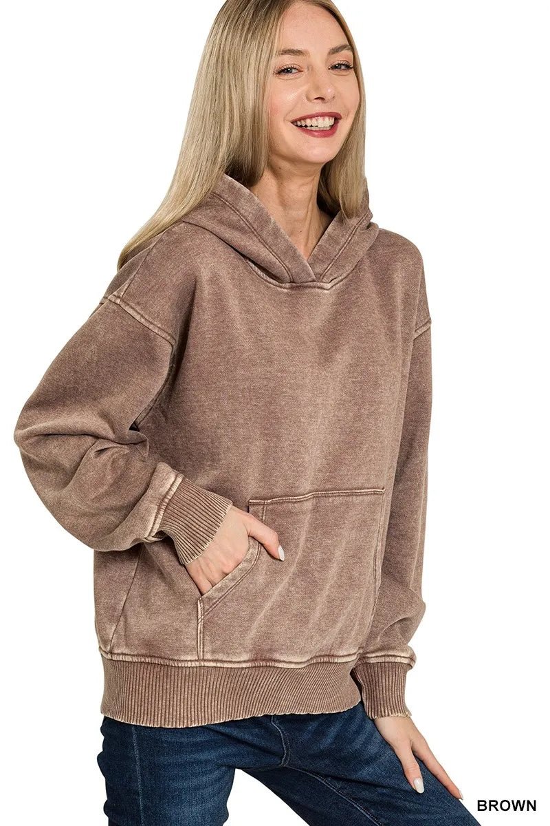 Zenana Fleece Acid Wash Kangaroo Pocket Hoodie - ELC Fashion