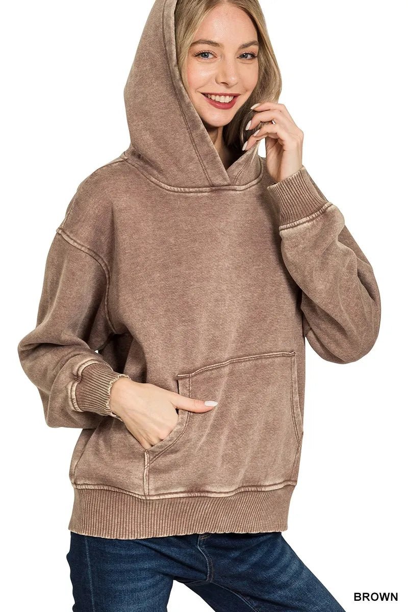 Zenana Fleece Acid Wash Kangaroo Pocket Hoodie - ELC Fashion