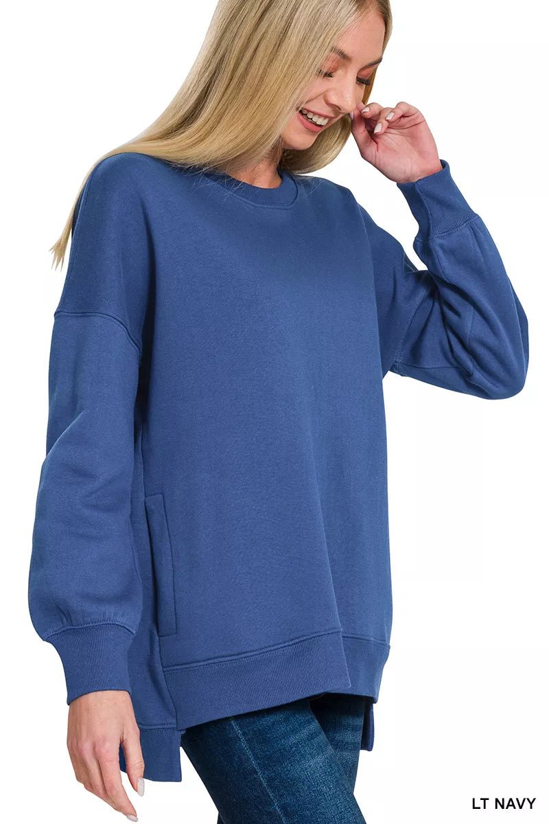Zenana Fleece Hi - low Boyfriend Sweatshirts with Pockets - ELC Fashion