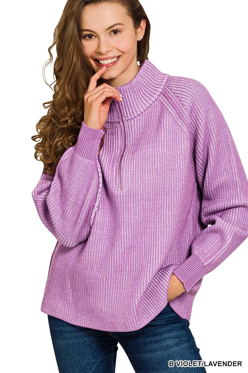 Zenana Ribbed Two Tone Half Zip Sweater - ELC Fashion