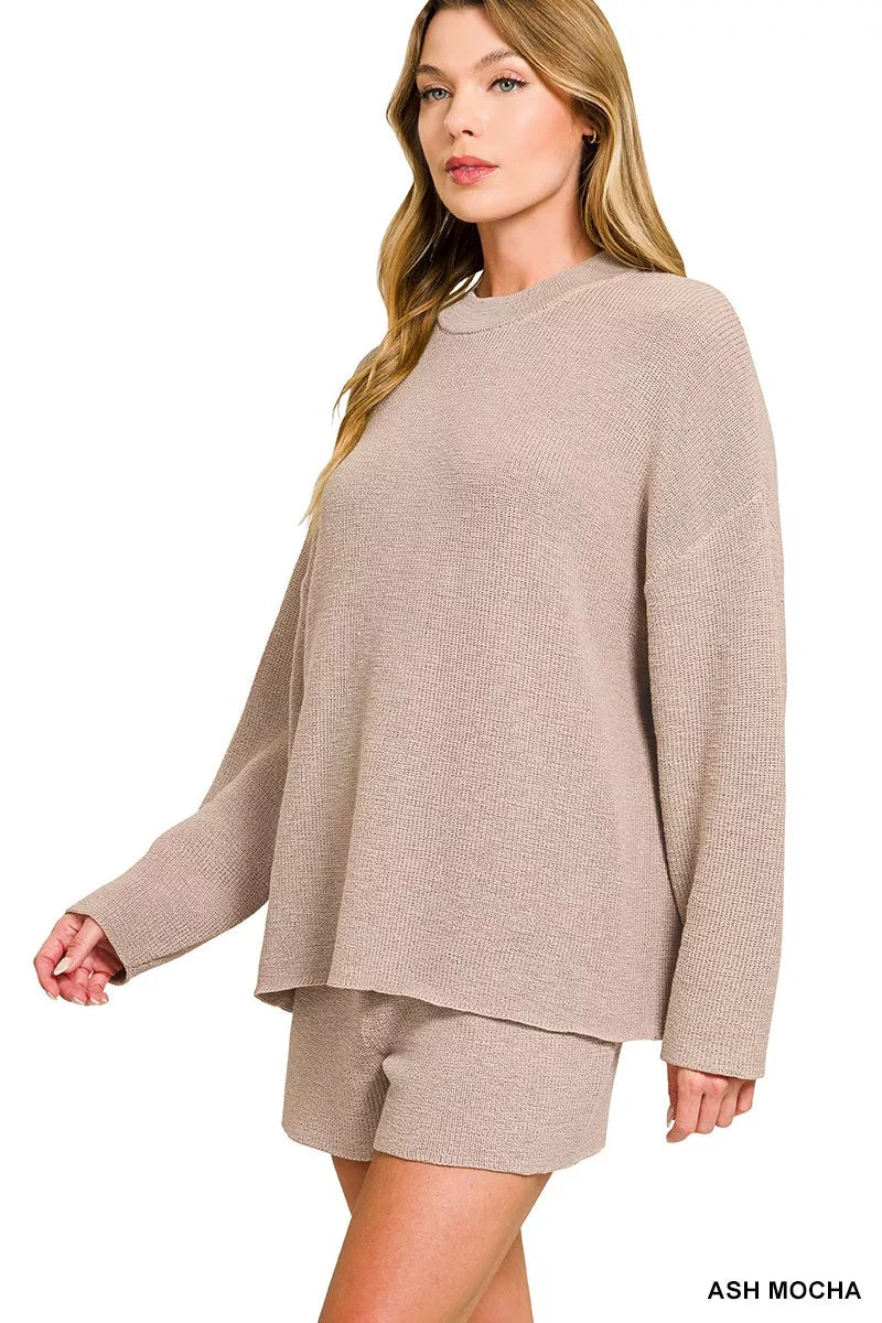 Zenana Round Neck Knit Top and Shorts Sweater Set - ELC Fashion