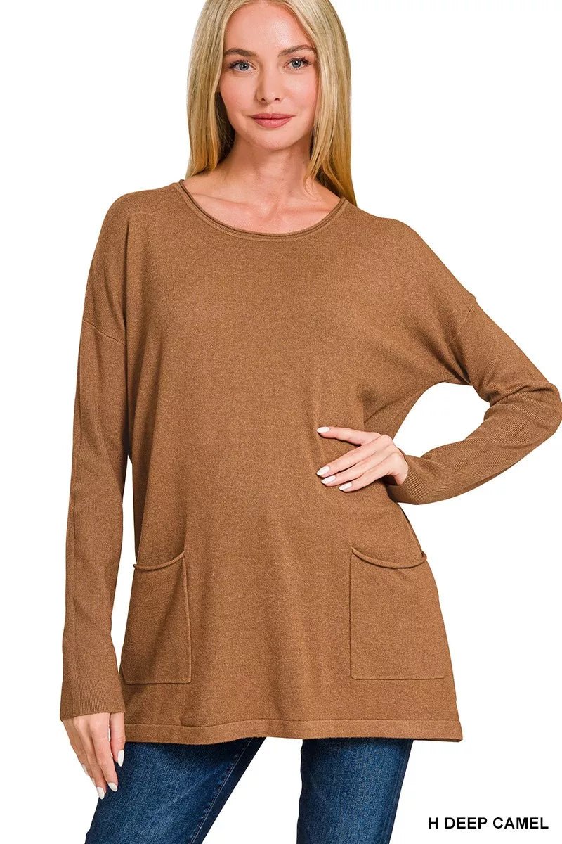 Zenana Viscose Long Sleeve Front Pockets Sweater - ELC Fashion